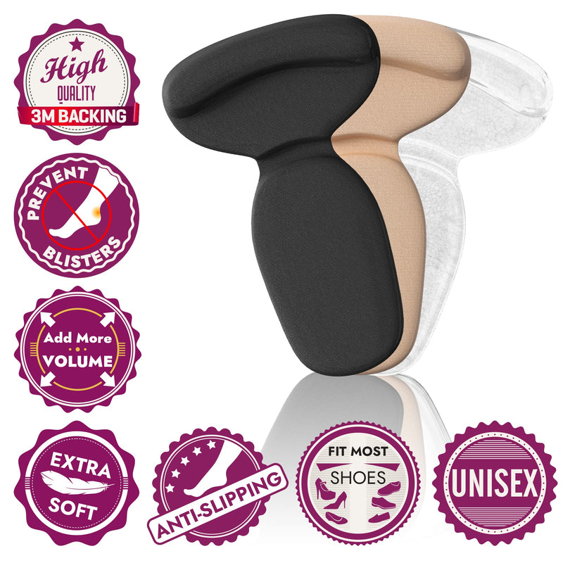 [Australia] - Reusable Heel Inserts for Women and Men [Extra Soft Heel Protectors] Add Comfort and Extra Volume for Loose Shoes, Self-Adhesive and Shock Absorbing Heel Pads Beige-Black-Clear 