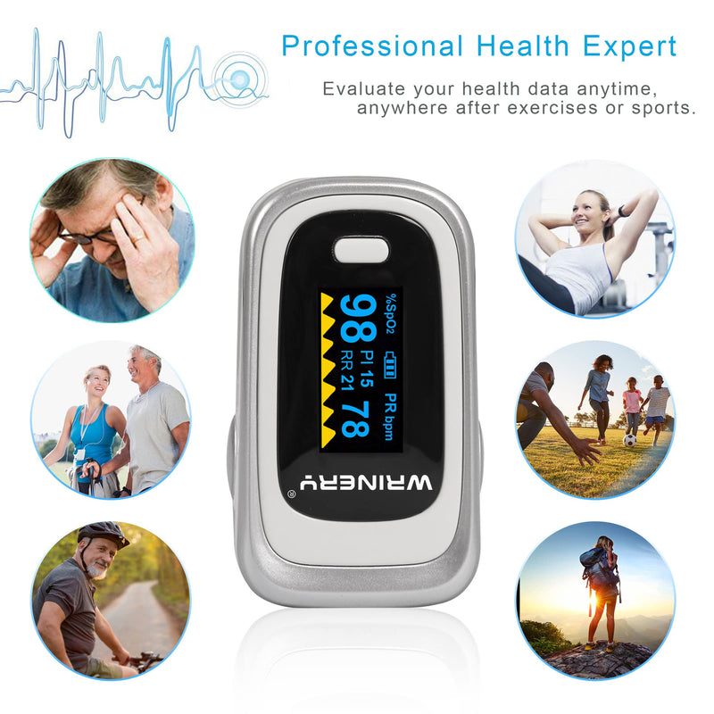 [Australia] - WRINERY Oxygen Saturation Monitor, Pulse Oximeter Fingertip, Oxygen Monitor, O2 Saturation Monitor, OLED Portable Oximetry with Batteries, Lanyard (Silver-White) 
