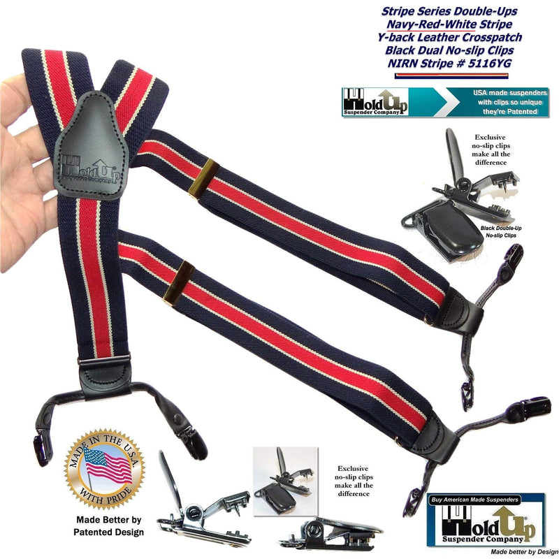 [Australia] - HoldUp American made Navy Blue with Red Striped Dual Clip Double-up Style Suspenders 