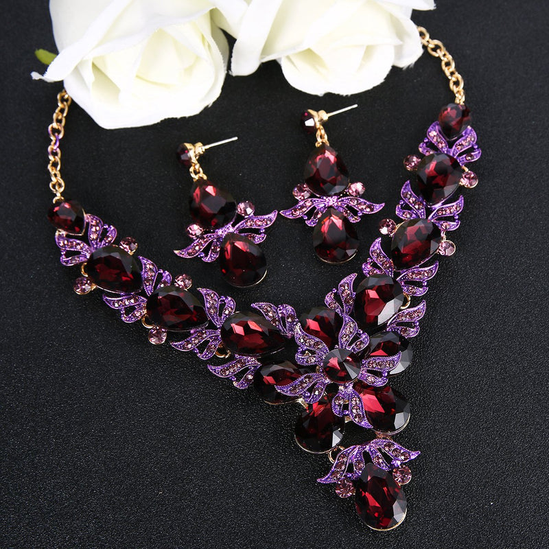[Australia] - EVER FAITH Rhinestone Crystal Elegant Wedding Flower Leaf Teardrop Necklace Earring Set Purple Gold-Tone 