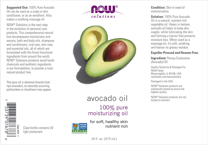 [Australia] - NOW Solutions, Avocado Oil, 100% Pure Moisturizing Oil, Nutrient Rich and Hydrating, 16-Ounce 16 Fl Oz (Pack of 1) 