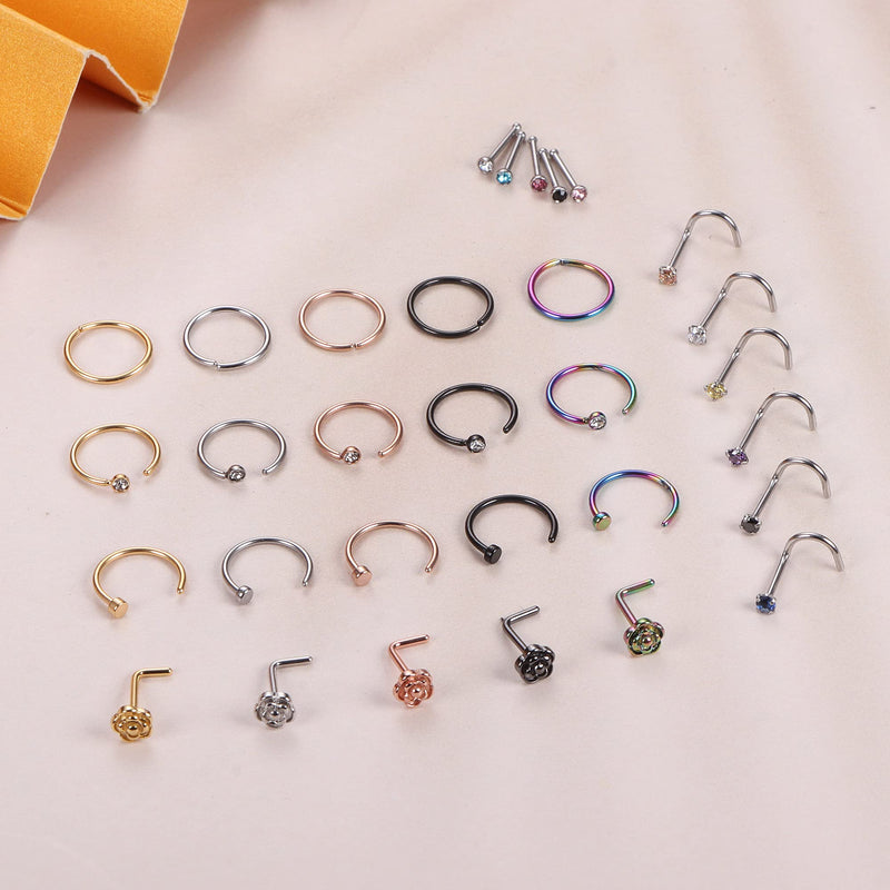 [Australia] - DOLOTTA 31 Pcs 20G Surgical Steel Hoop Nose Rings Studs for Women Men Hoop Lip Ring Nose Piercing Jewelry Set style1 