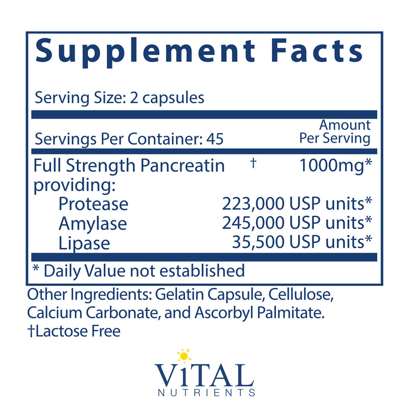 [Australia] - Vital Nutrients Pancreatic Enzymes 1000mg (Full Strength) - Digestion Supplement with Protease, Amylase & Lipase - Digestive Enzymes - Gluten Free, Soy Free, Dairy Free - 90 Capsules 