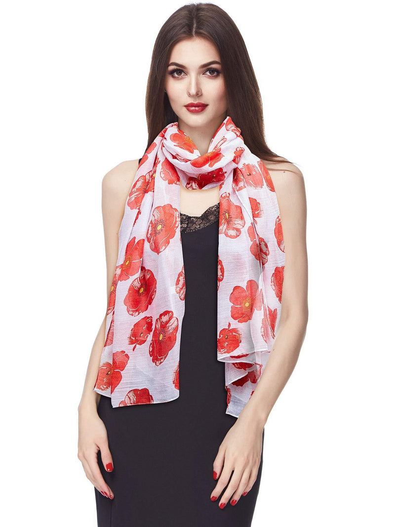 [Australia] - 2 Pieces Poppy Print Floral Scarf Red Poppy Scarf Stylish Wrap Shawl Scarf for Women Ladies Winter Christmas New Year, Black, White 