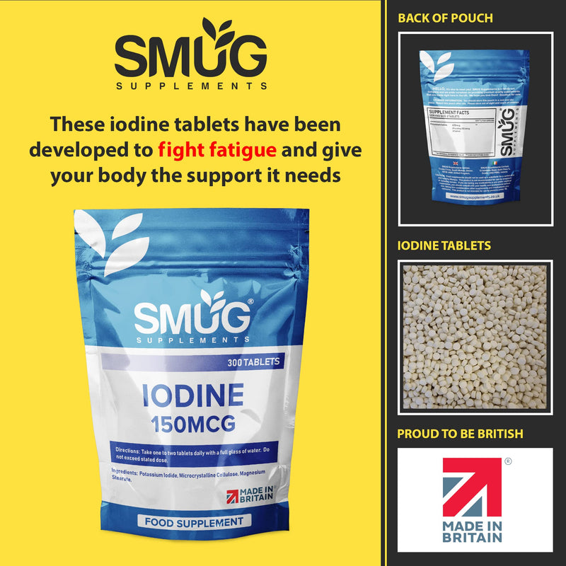[Australia] - SMUG Supplements Iodine Tablets - 300 High Strength 150mcg Pills - Fight Fatigue with Potassium Iodide - Suitable for Men and Women - Vegan Friendly - Made in Britain 
