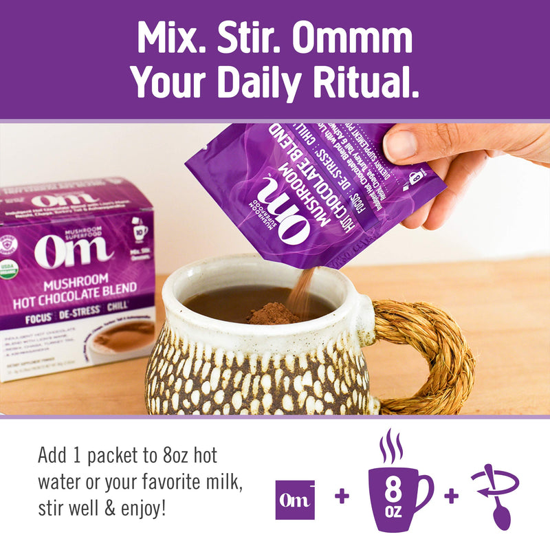 [Australia] - Om Mushroom Superfood Hot Chocolate Blend Mushroom Powder, Single Serve, 10 Count, Dutch Cocoa, 2g of Sugar, 25 Calories, Lion's Mane, Reishi, Chaga, Turkey Tail, Focus and Stress Support 10 Servings 