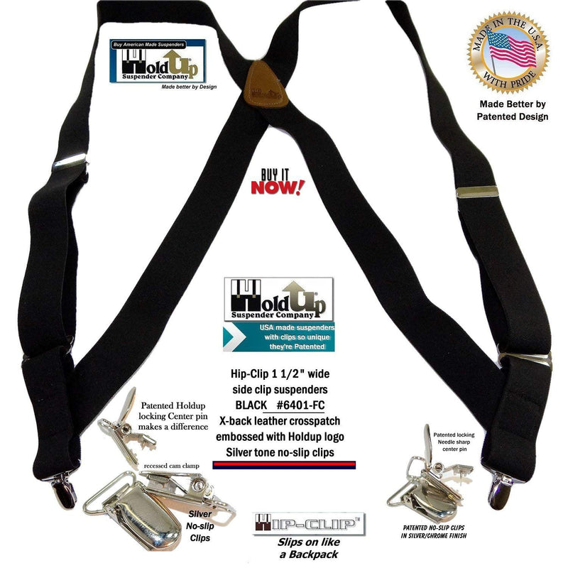 [Australia] - Holdup Black Trucker Style Hip-clip X-back Suspenders with patented no-slip silver-tone clips 