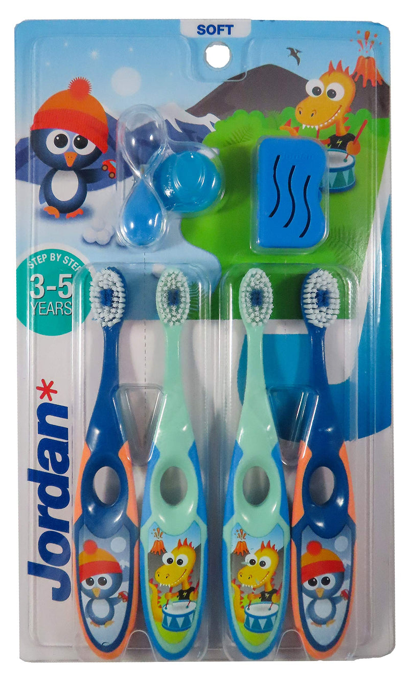 [Australia] - Jordan ® | Step 2 Toothbrush Kids | Kids Toothbrush for Age 3-5 Years Old | Soft Bristles, Dual Ergonomic Handle & BPA Free | Blue & Green Color | Pack 4 Units 