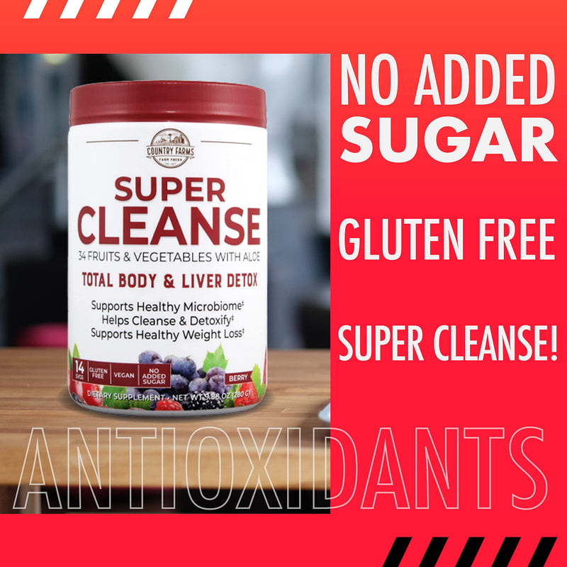 [Australia] - Country Farms Super Cleanse, Super Juice Cleanse, Supports Healthy Digestive System, 34 Fruits and Vegetables with Aloe, Promotes Natural Detoxification, Drink Powder, 14 Servings, 9.88 Ounce 