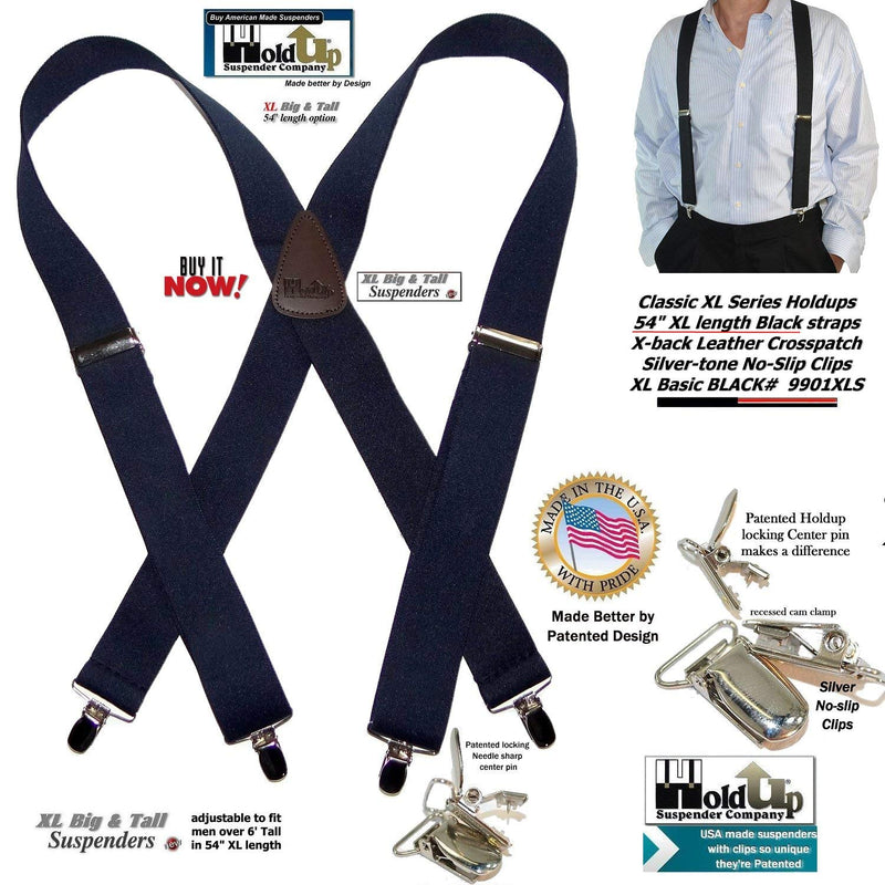 [Australia] - Holdup Classic Series Basic Black XL Big and Tall X-back Suspenders with Patented No-slip Silver Clips 