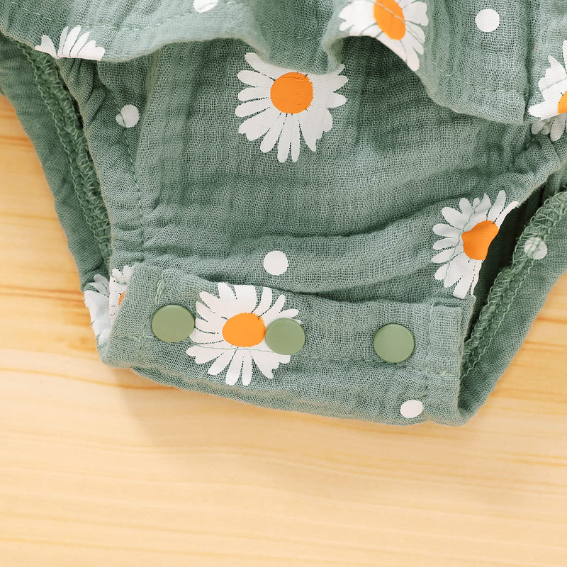 [Australia] - Newborn Girl Clothes Baby Strap Daisy Romper Bodysuit with Headband Infant Summer Jumpsuit Green 0-3 Months 