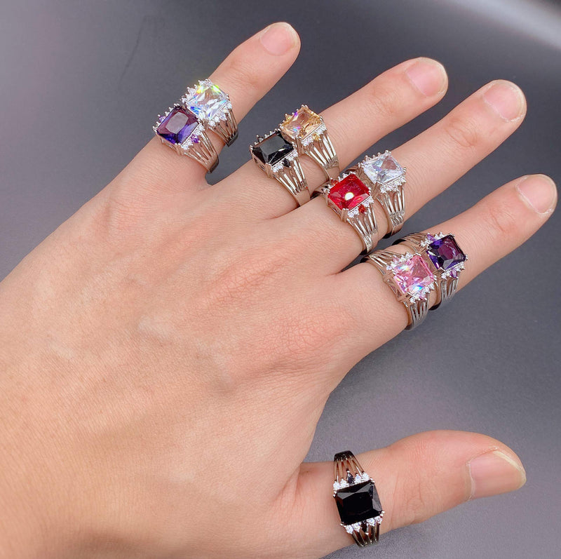 [Australia] - 6 Colors Square Crystal Rings for Women Size 6-10 - S925 Silver Plated Cubic Zirconia Jewelry Red 