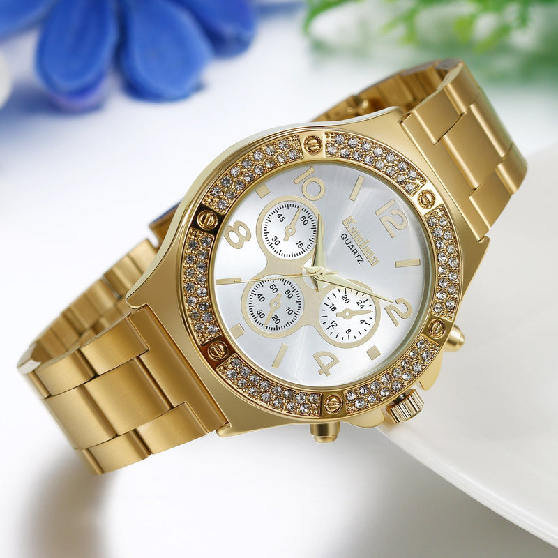 [Australia] - JewelryWe Men Women Bling Watches Stainless Steel Bracelet Quartz Wrist Watch Gold 