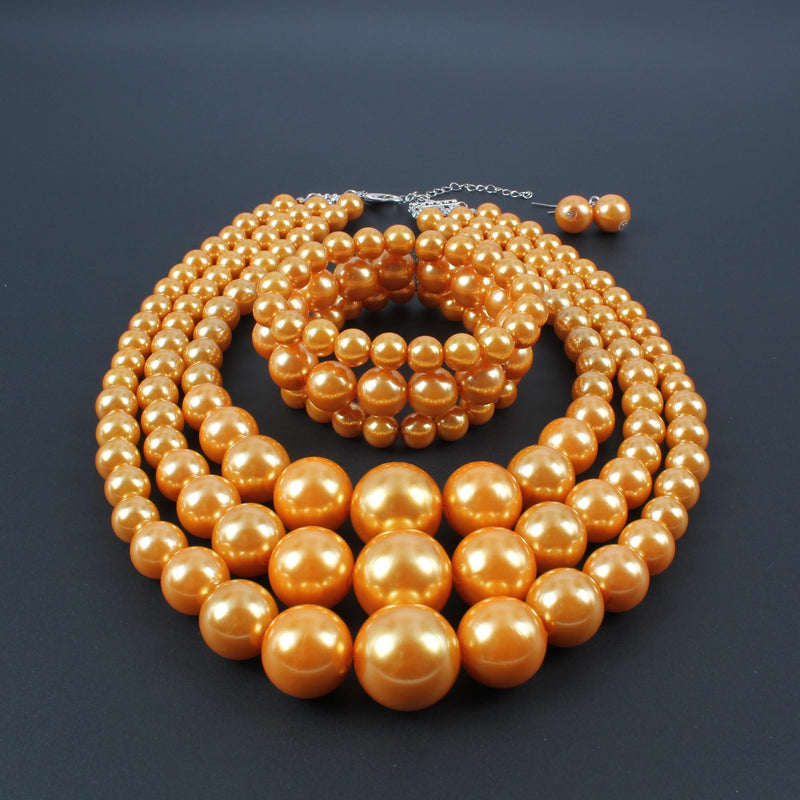 [Australia] - KOSMOS-LI Large Pearl Jewelry Set Pearl Statement 18" Necklace Bracelet and Earrings orange 