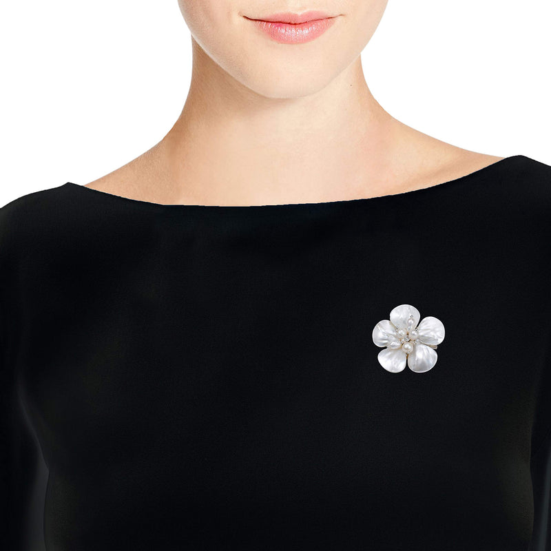 [Australia] - AeraVida White MOP-Cultured FW Pearl-Fashion Crystals Floral Stainless Steel Pin-Brooch 