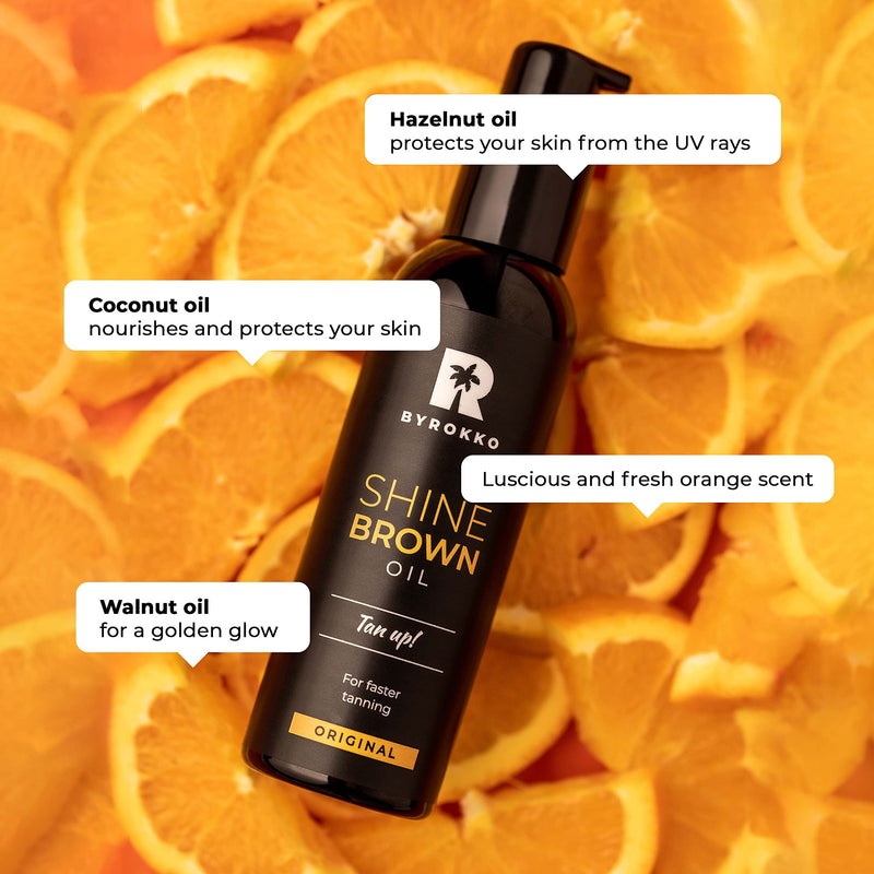 [Australia] - BYROKKO Shine Brown Premium Tanning Accelerator Oil (150 ml), XXL Tan Accelerator for Sunbed & Outdoor Sun, Achieve a Natural Tan with Natural Ingredients. Coconut Oil, Walnut Oil, Hazelnut Oil 