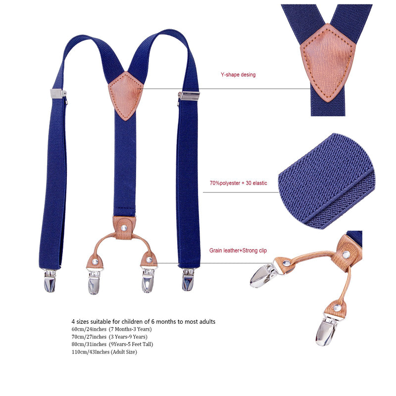 [Australia] - Kids Child Men Boy Suspenders - Adjustable Elastic Solid Color 4 Strong Clips Braces Navy Blue 43Inches 