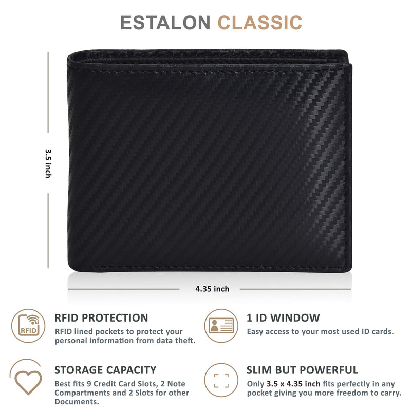 [Australia] - Slim Bifold Wallet for Men - Black Leather RFID Secure Billfold with Card Slots Ebony 