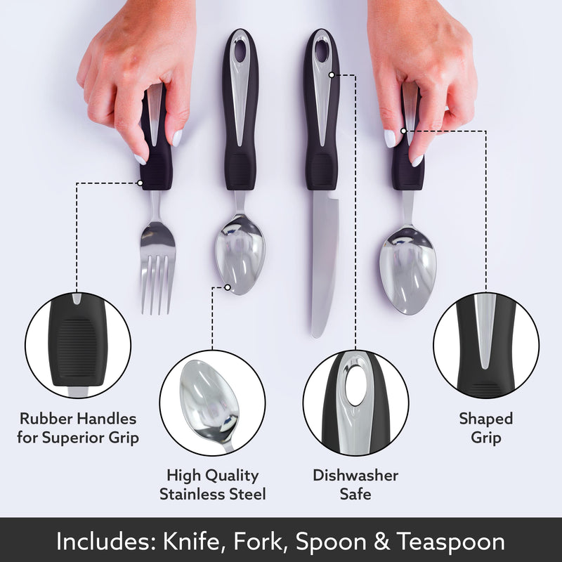 [Australia] - iMedic - Comfort Grips Cutlery - Disability Eating Aids - Great for The Elderly, Disabled or Those Suffering with Tremors and Trembling Hands - Ergonomic, Contoured Design - (1x Set, Silver/Black) Single 