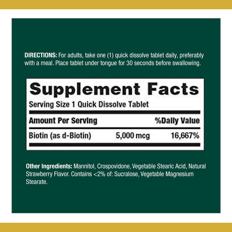 [Australia] - Biotin by Nature's Bounty, Vitamin Supplement, Supports Metabolism for Cellular Energy and Healthy Hair, Skin, and Nails, 5000 mcg, 60 Quick Dissolve Tablets 