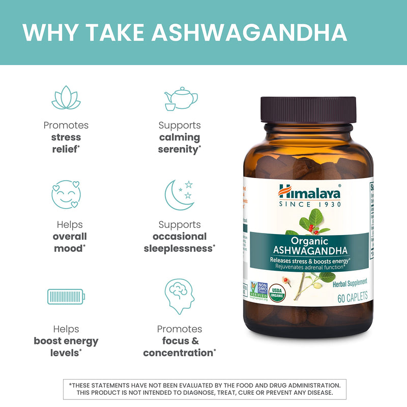 [Australia] - Himalaya Organic Ashwagandha, 2 Month Supply for Stress Relief, USDA Certified Organic, Non-GMO, Gluten-Free Supplement, 100% Ashwagandha powder & extract, 670 mg, 60 Caplets CAPLET 