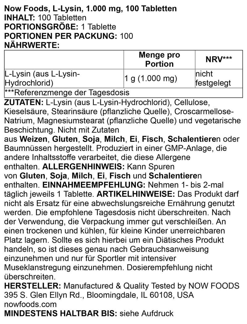 [Australia] - NOW Supplements, L-Lysine (L-Lysine Hydrochloride) 1,000 mg, Double Strength, Amino Acid, 100 Tablets 100 Count (Pack of 1) 