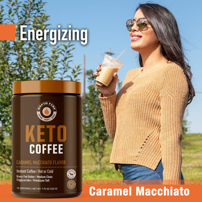 [Australia] - Rapidfire Ketogenic Fair Trade Instant Keto Coffee Mix, Supports Energy, Metabolism, and Weight Loss, Grass Fed Butter, MCTs & Himalayan Salt, 15 servings, Caramel Macchiato Flavor, 7.93 Ounce 