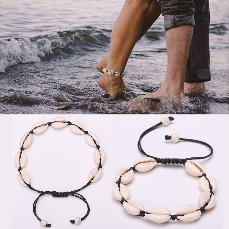 [Australia] - POTESSA Natural Cowrie Beads Shell Anklet Bracelet Handmade Beach Foot Jewelry Hawaiian Jamaican Style Adjustable for Women Unisex Black 