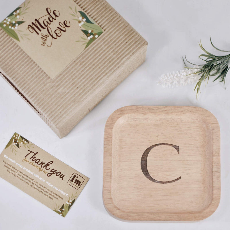 [Australia] - Solid Wood Personalized Initial Letter Jewelry Display Tray Decorative Trinket Dish Gifts For Rings Earrings Necklaces Bracelet Watch Holder (6"x6" Sq Natural "C") ุ6"x6" Sq Natural "C" 