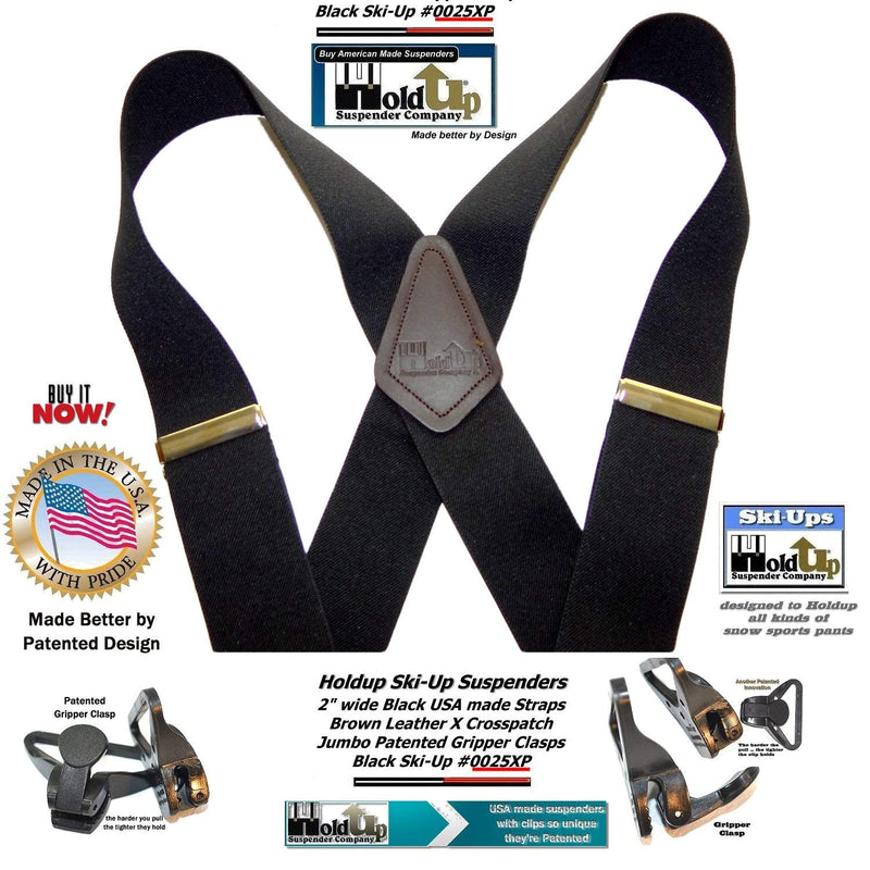 [Australia] - HoldUp 2" wide black Ski-Up Suspenders with Black Jumbo Gripper Clasp 