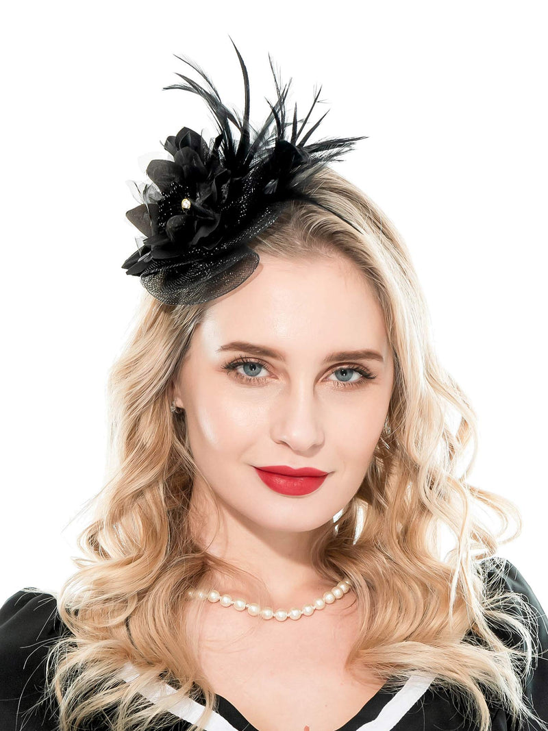 [Australia] - Fascinators Headband for Women Tea Party Hat Kentucky Derby Wedding Flower Mesh Feathers Hair Clip 10-black 