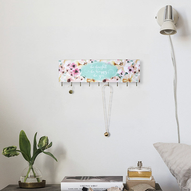 [Australia] - SANY DAYO HOME Jewelry Organizer Wall Mounted Modern Wooden Holder with 9 Hooks and Inspiring Saying for Necklaces, Rings, Earrings, Bracelets and Watches - Be Bright Be Happy Be You 