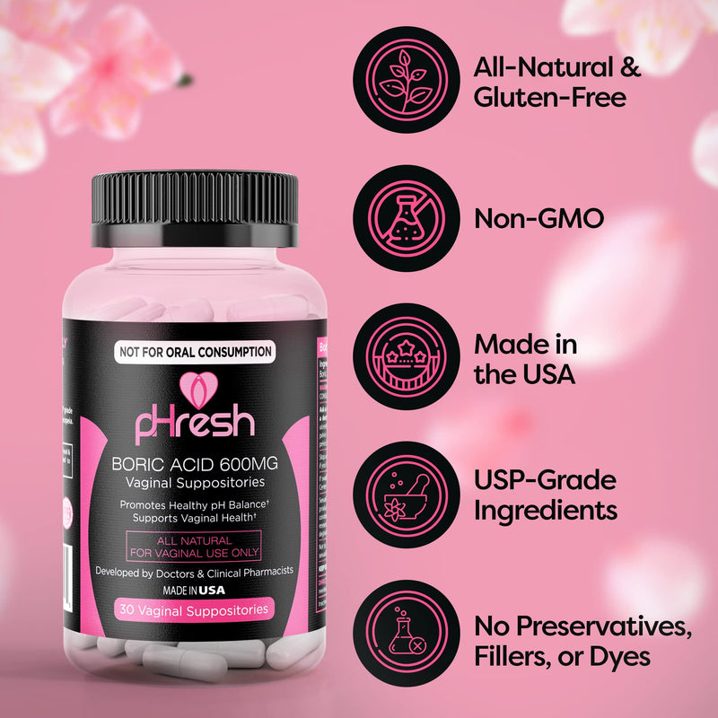 [Australia] - pHresh Boric Acid Suppositories - Intimate Support for Women - Supports Vaginal Health & Promotes Healthy pH Balance - 30 Suppositories for Women - Made in The USA 