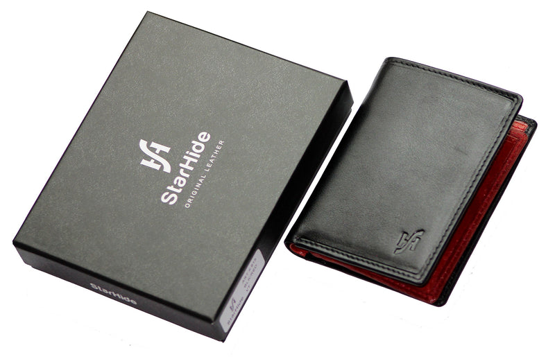 [Australia] - Starhide Mens RFID Blocking Real Veg Tanned Leather Mini Wallet Black/Red Gift Boxed 815 