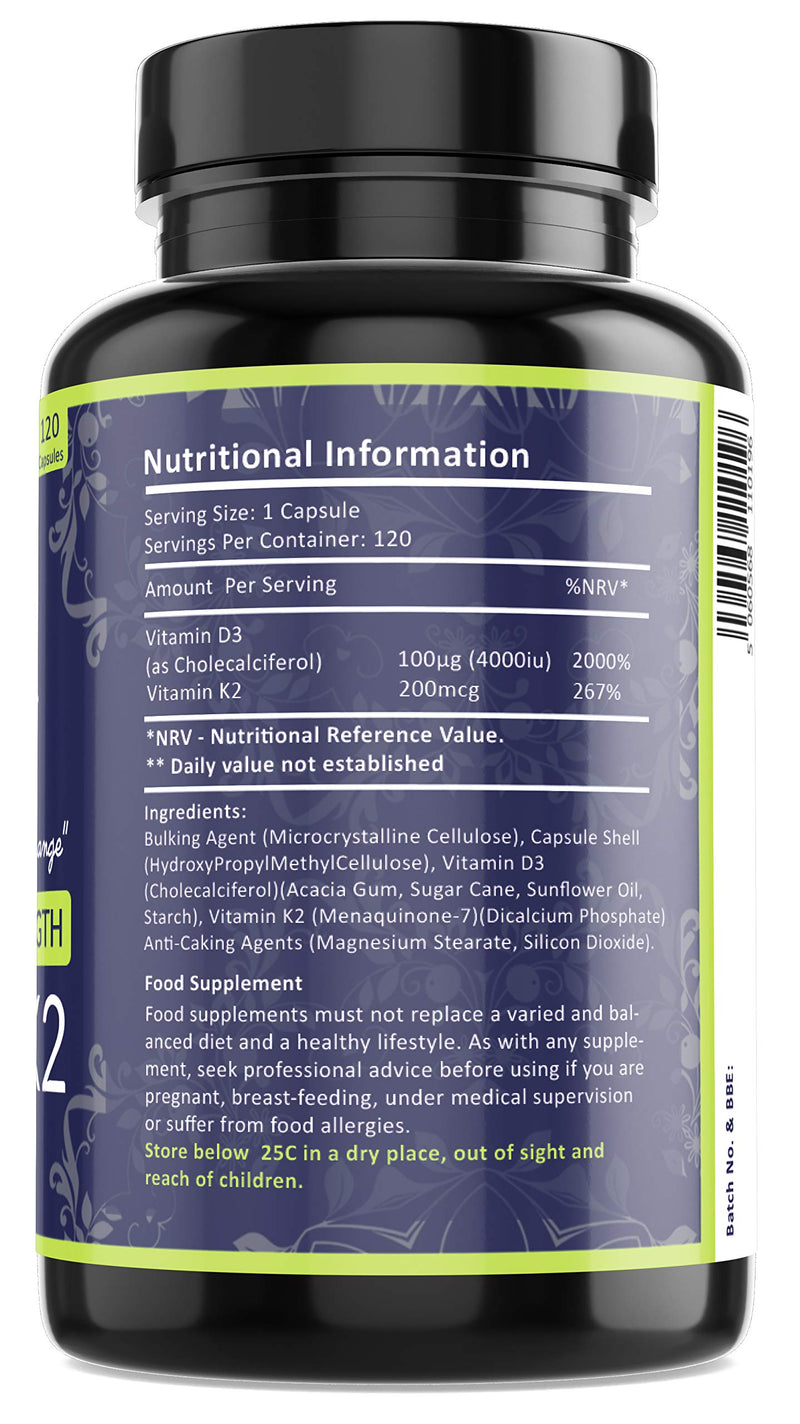 [Australia] - Vitamin D3 4000 IU and Vitamin K2 200?g MK7 - Vitamin D3 K2 High Strength Supplement - 120 Capsules 4 Month Supply Cholecalciferol - K2 Menaquinone-7 - Made in The UK 