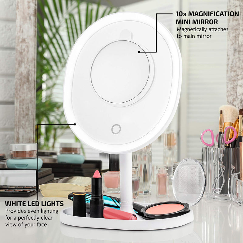 [Australia] - Ovente Lighted Makeup Mirror with Magnification, Rechargeable 8.5'' Vanity Table Top with Storage Tray, Dimmable Circle LED, 10X Mini Magnetic Mirror, Compact for Travel, USB Operated, White MOT22W 