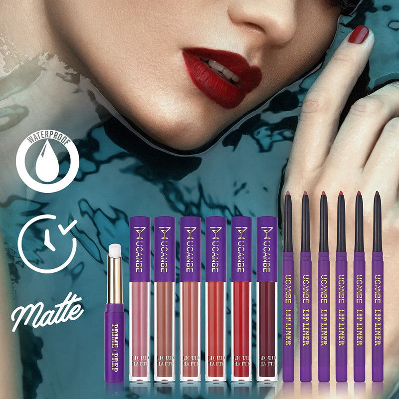 [Australia] - UCANBE 13pcs Lady's Night Lipstick Makeup Set, 6 Velvety Matte Liquid Lipsticks + 6 Matching Smooth Lipliner Pencil + 1 Moisturizing Lip Gloss Primer, Waterproof Long Lasting Lip Make Up Gift Kit 