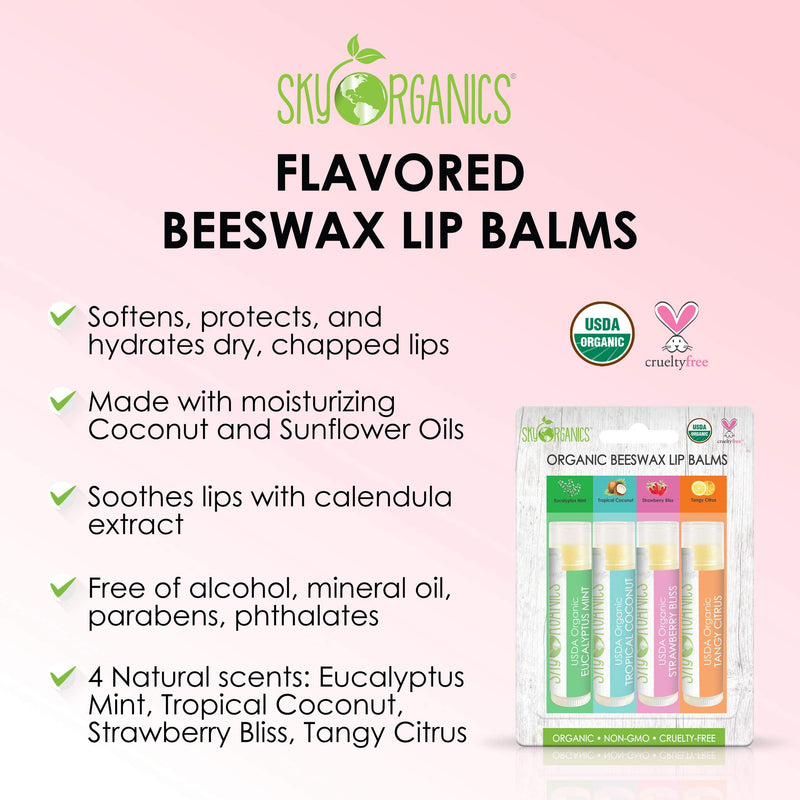 [Australia] - USDA Organic Flavored Beeswax Lip Balms (4 Tubes) Eucalyptus Mint, Tropical Coconut, Strawberry, Tangy Citrus – Beeswax Coconut Oil Vitamin E Lip Butter Chapstick for Dry Lips - For Adults & Kids 4 Lip Balms 