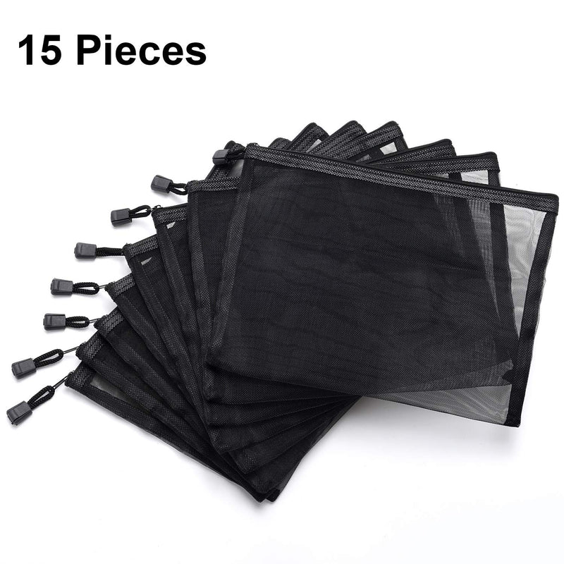 [Australia] - 15 Pieces Mesh Bags Black Mesh Zipper Pouch Makeup Bags Cosmetic Travel Organizer Bags Pencil Case, 9.5 x 7.1 Inches 