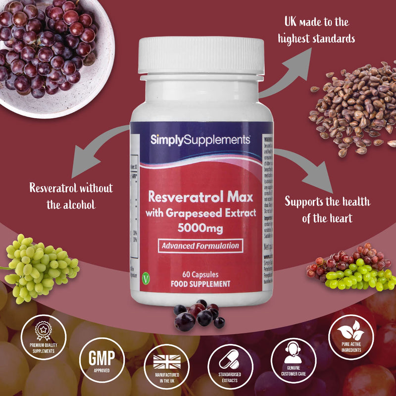 [Australia] - Resveratrol Capsules with Grapeseed Extract 5000mg | Vegan & Vegetarian Friendly | 60 Capsules = 1 Month Supply | Manufactured in The UK 