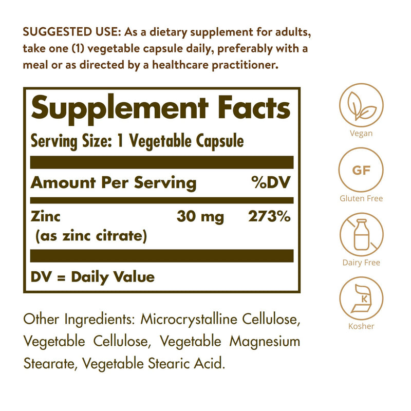 [Australia] - Solgar Zinc Citrate 30 mg, 100 Vegetable Capsules - Zinc for Healthy Skin, Taste & Vision - Immune System & Antioxidant Support - Citrate Form for Optimal Absorption - Non GMO, Vegan - 100 Servings 