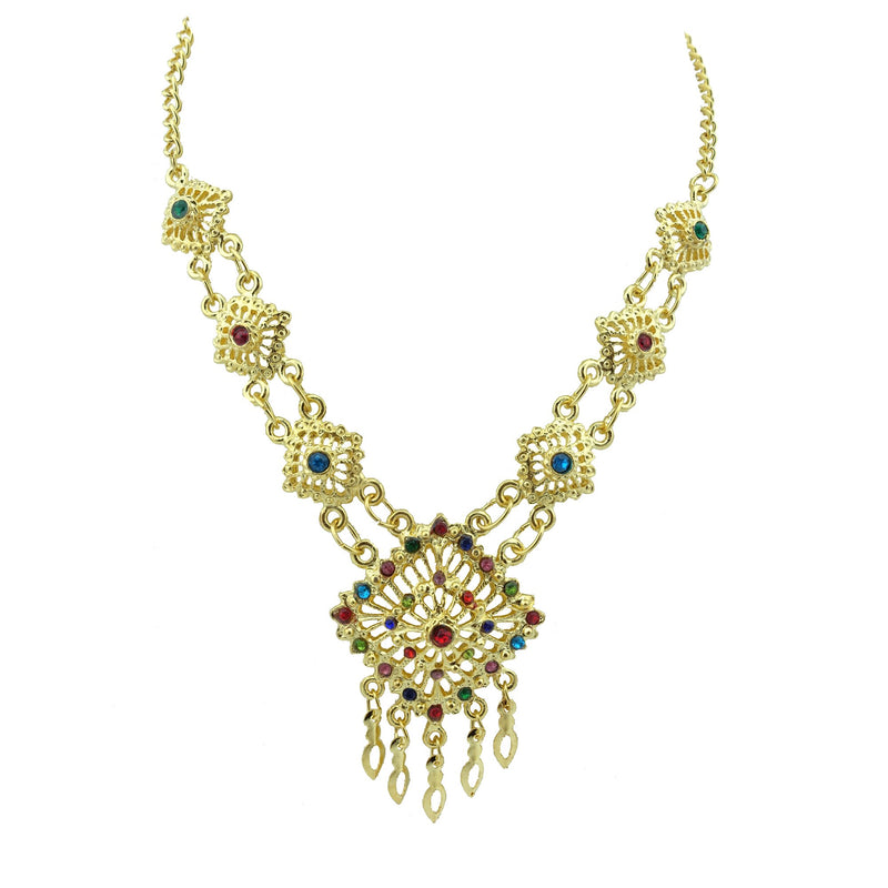 [Australia] - Siwalai Thai Traditional Gold Plated Multicolor Crystals Necklace Earrings Bracelet Jewelry Set 18 Inches 