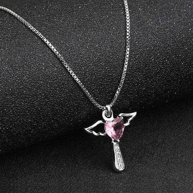 [Australia] - Birthstone Necklaces Cross Necklace Mom Necklace for Women Girls Cubic Zirconia Angel Wing Birthstone Heart Charm Pendant Necklace Gifts for Mom October- Turmaline 