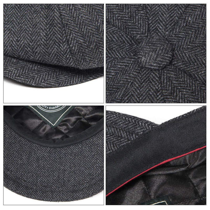 [Australia] - BOTVELA Men's 8 Piece Wool Blend Newsboy Flat Cap Herringbone Tweed Black 7 1/4-7 3/8 