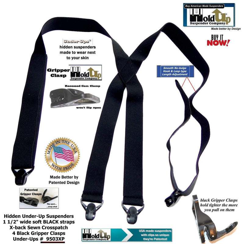 [Australia] - Holdup Suspender Company USA made All Black Hidden Undergarment No-Alarm Suspenders with Patented Black Gripper Clasps 