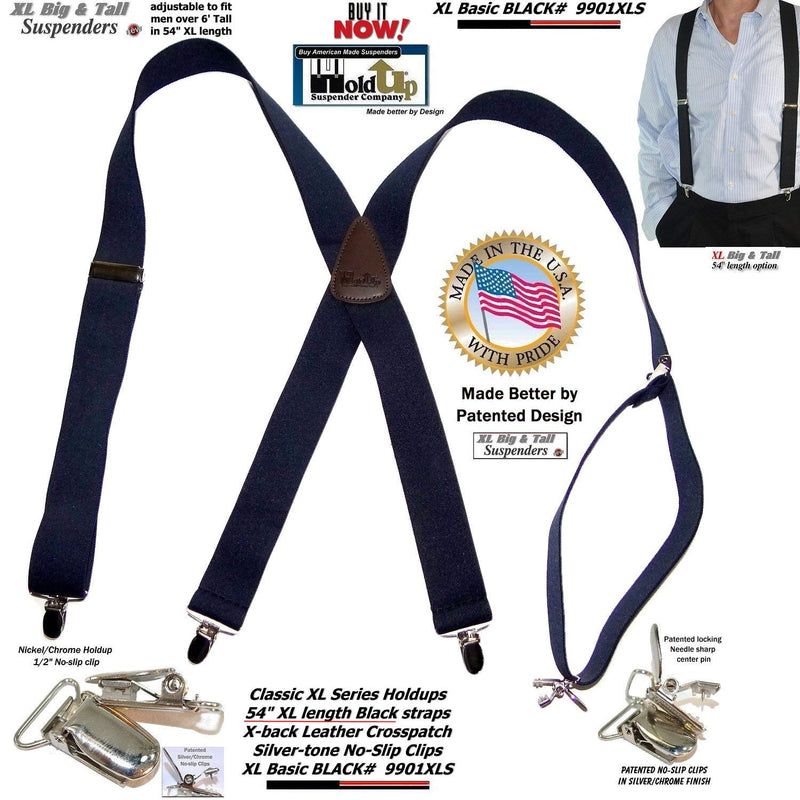 [Australia] - Holdup Classic Series Basic Black XL Big and Tall X-back Suspenders with Patented No-slip Silver Clips 