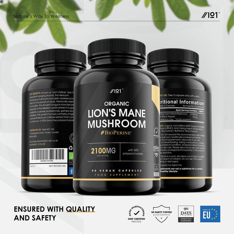 [Australia] - Organic Lion's Mane Mushroom 2100mg | 50% Polysaccharides | Made with BioPerine® | High Strength Hericium Erinaceus Extract | Non-GMO, Gluten Free, Halal, 90 Vegan Capsules 1 