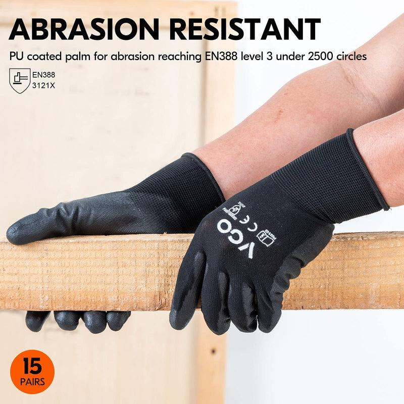 [Australia] - Vgo 15Pairs Safety Work Gloves,Gardening Gloves,Polyurethane Coated,Dipping Gloves,Latex Free(Size M,Black,PU2103) M (Pack of 15) Black-PU2103 