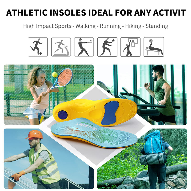 [Australia] - Walkomfy Pain Relief Orthotics,Plantar Fasciitis High Arch Support Insoles for Women Men,Orthotic Shoe Inserts for Flat Feet,Metatarsalgia,Heel Pain,Work Boots Running Gel Insoles for Standing All Day Blue L (Men 10-11.5/Women 12-13.5) 