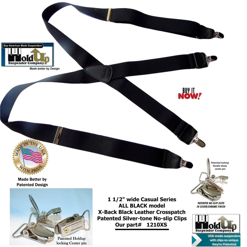 [Australia] - Holdup Suspender Company USA made All Black X-back style Suspenders with silver-tone No-slip Clips 